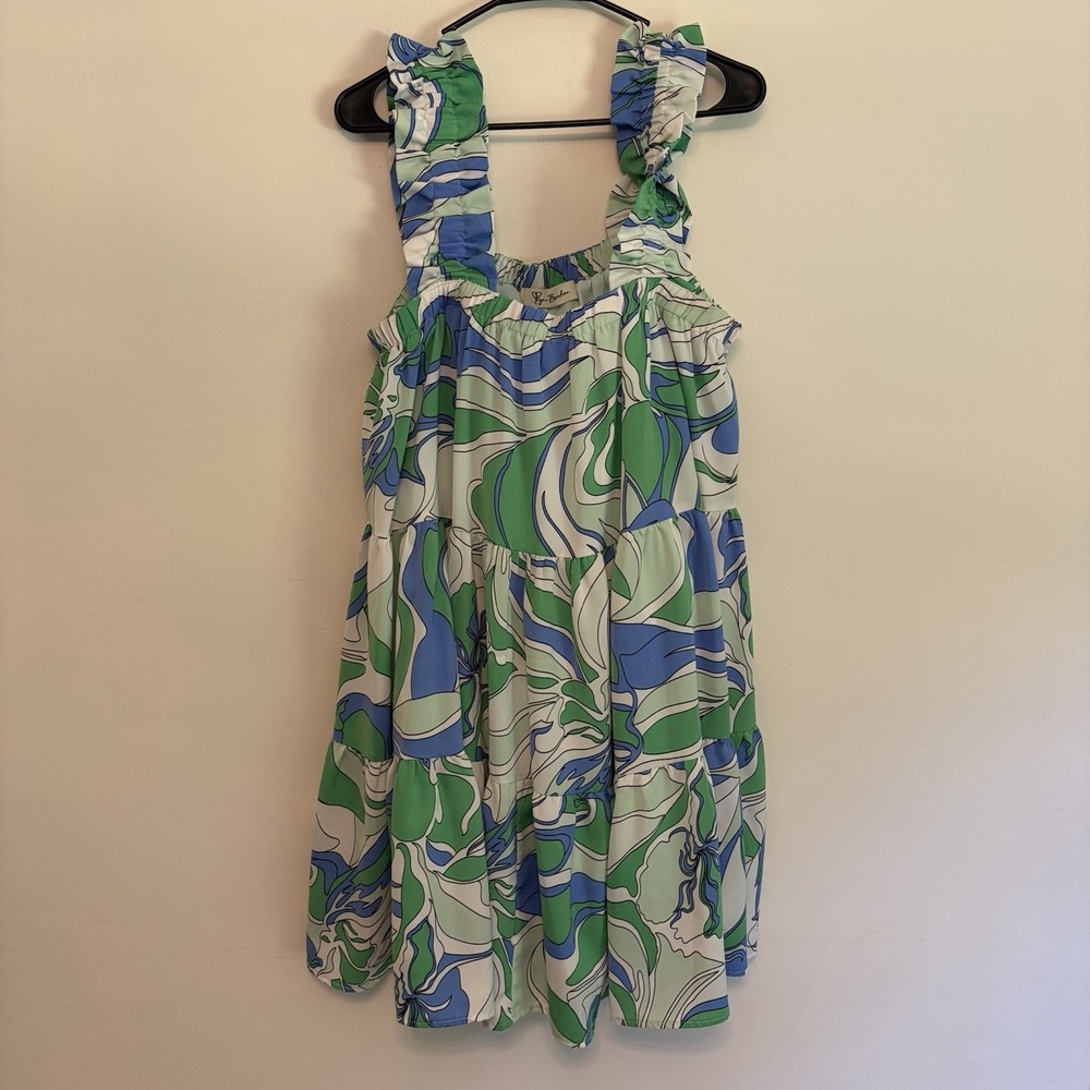 Boutique Blue Green Patterned Shift Dress Ruffle Straps Tiered 70s Vibe Preppy L